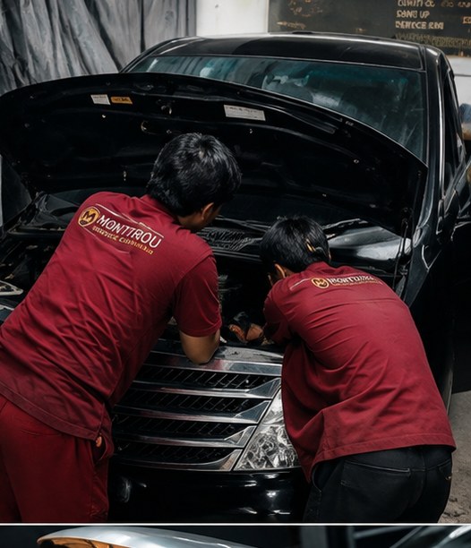 Teknisi Montirqu.id memeriksa mesin mobil pelanggan